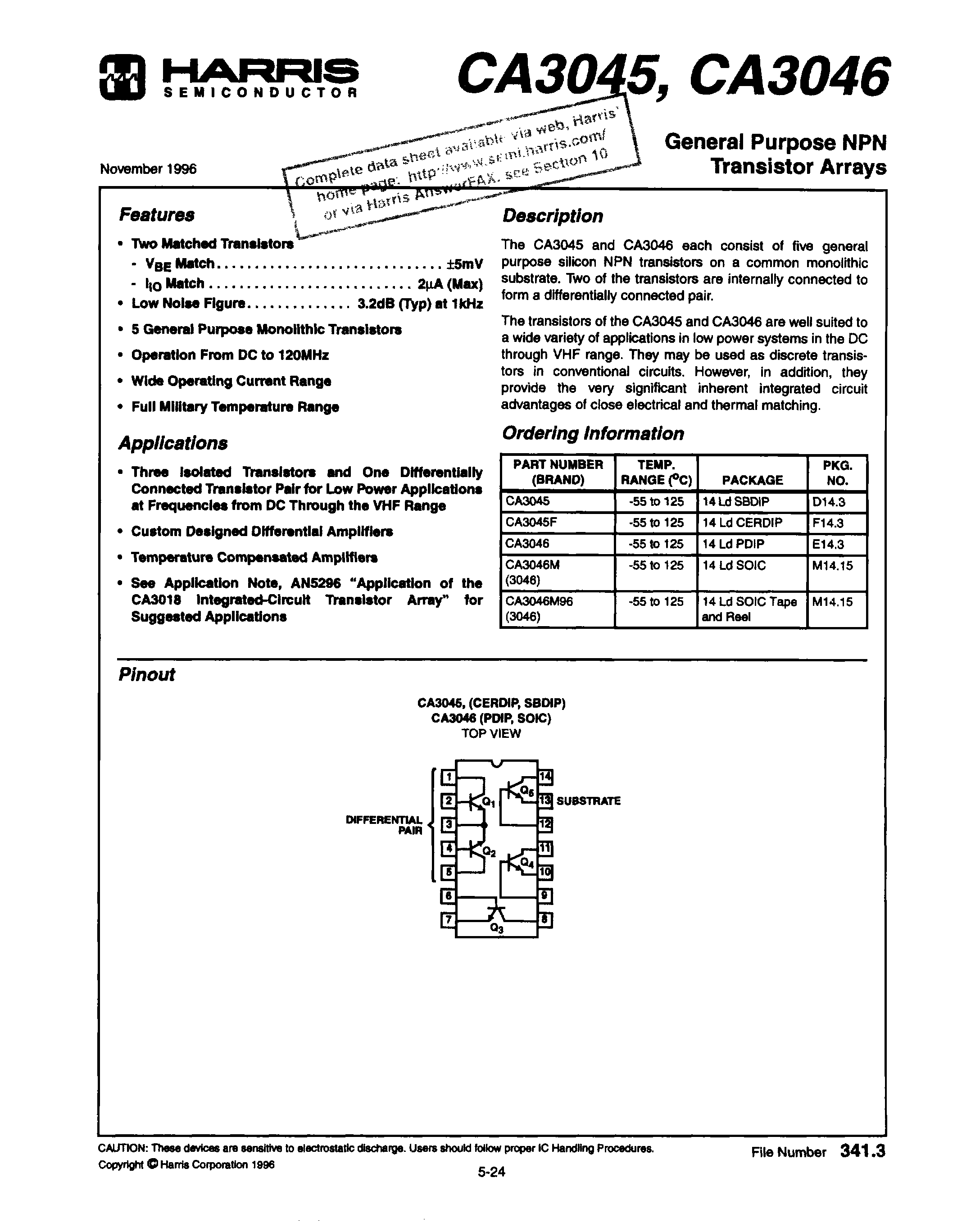 General Purpose NPN Transistor Array Rochester Electronics CA3046 ...