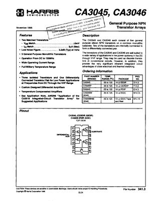 General Purpose NPN Transistor Array Rochester Electronics CA3046 ...